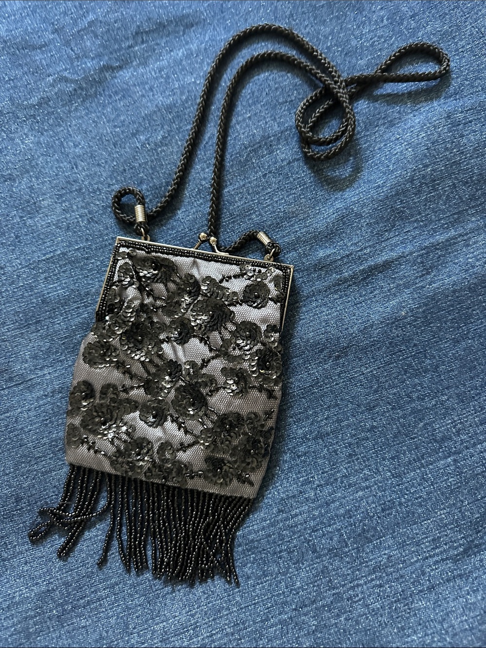 Lancome Black Beaded Floral Fringe Mini Bag